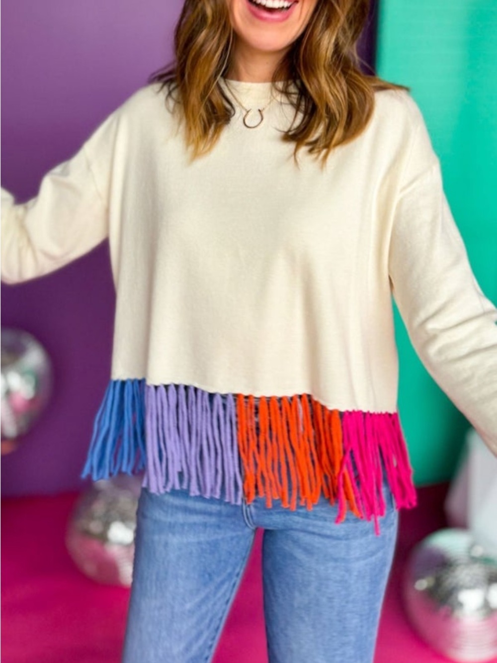 Cream Fringe Hem Long Sleeve Sweater with Colorful Tassels